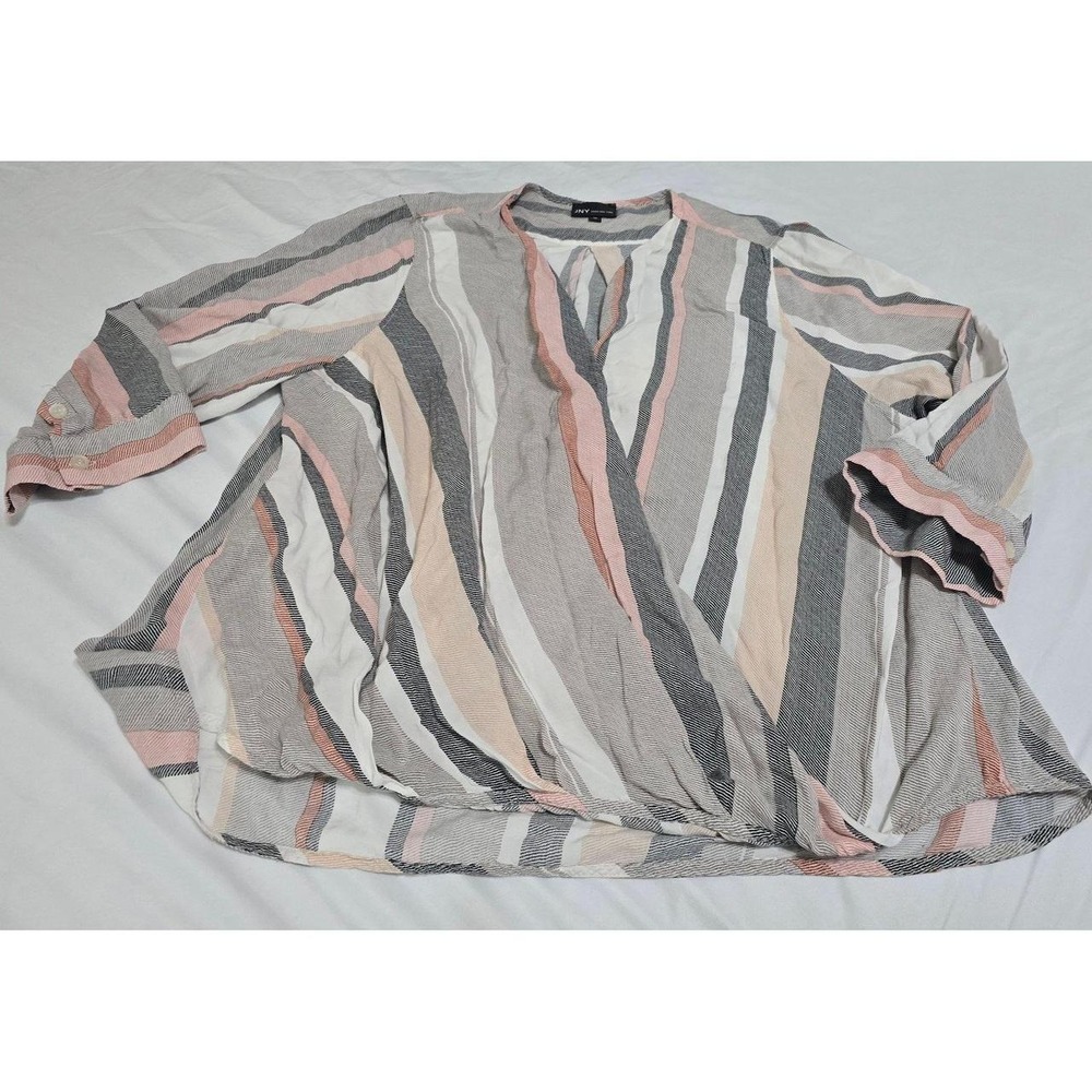 JNY Jones New York Plus Size 1X Striped Faux Wrap Blouse Pink Black White